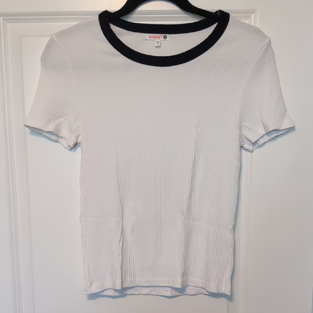 Sundry Ribbed White Tee with Black Trim